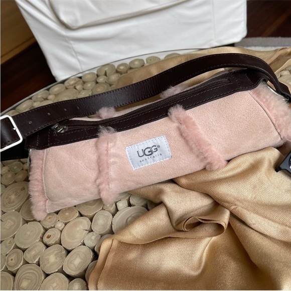 UGG Pink Suede Shoulder Purse Shearling Lined Leather Handbag Bag - Picture 5 of 14
